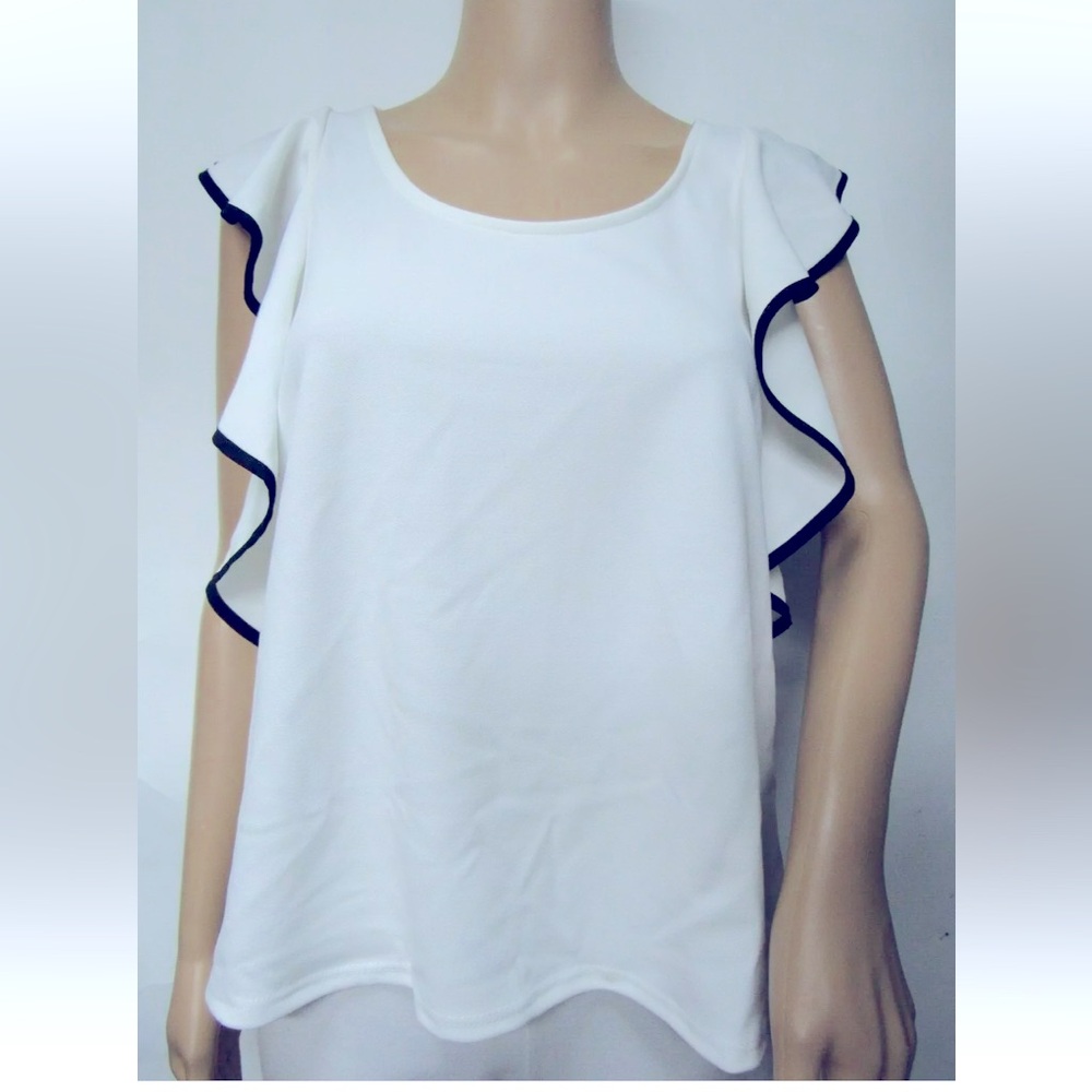 STOCKH LM Issa White & Black Detail Ruffle Sleeve Sleeveless Blouse NWOT